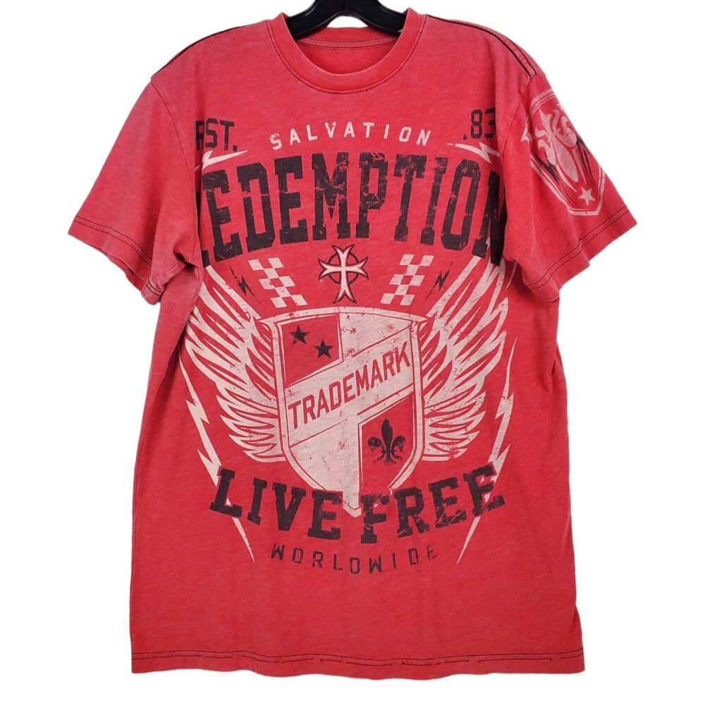RAW STATE Premium Shirt Mens Medium Red REDEMPTION LIVE FREE Spell Out Athletic